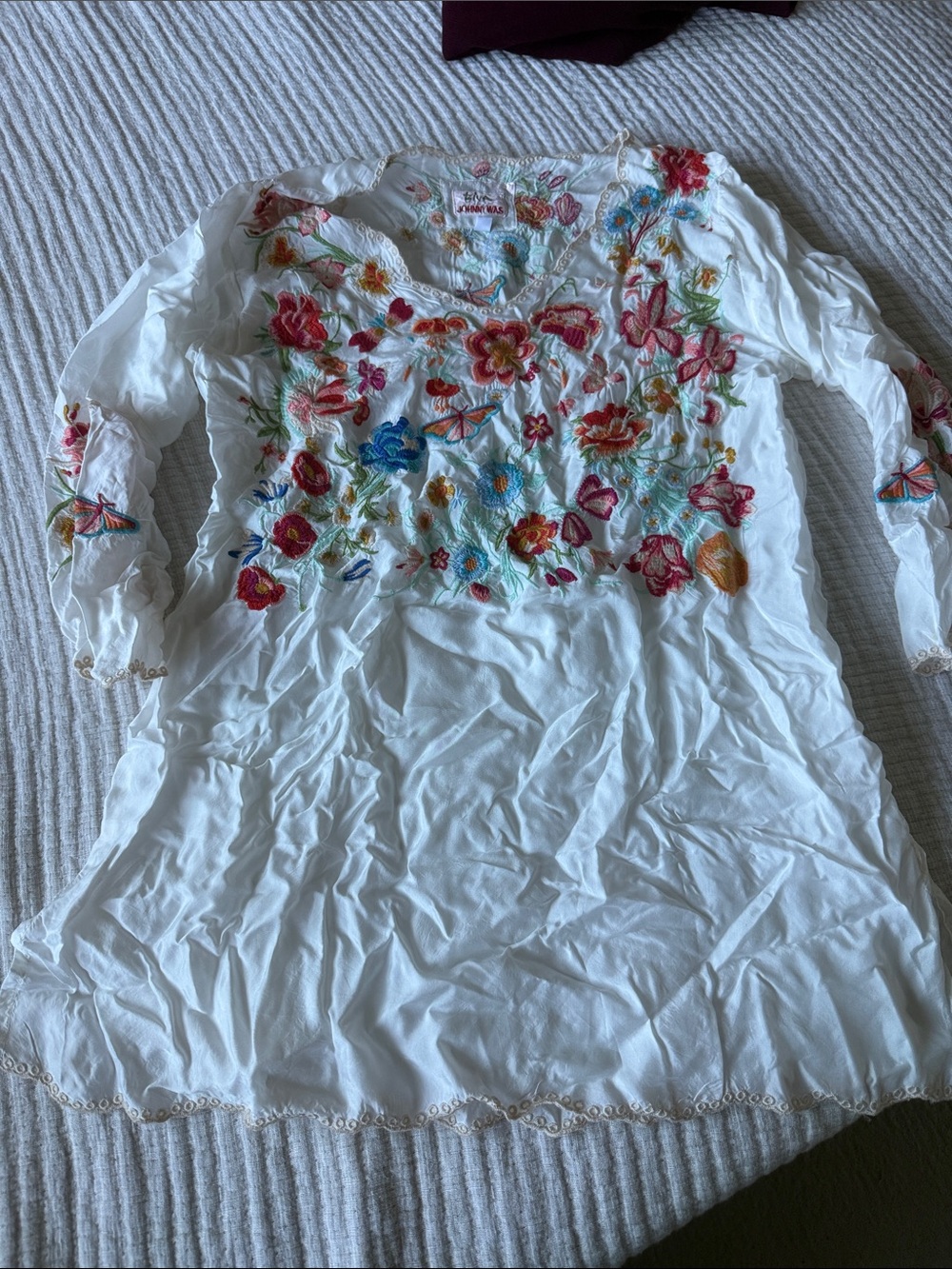 Johnny Was White Embroidered Floral Boho Tunic